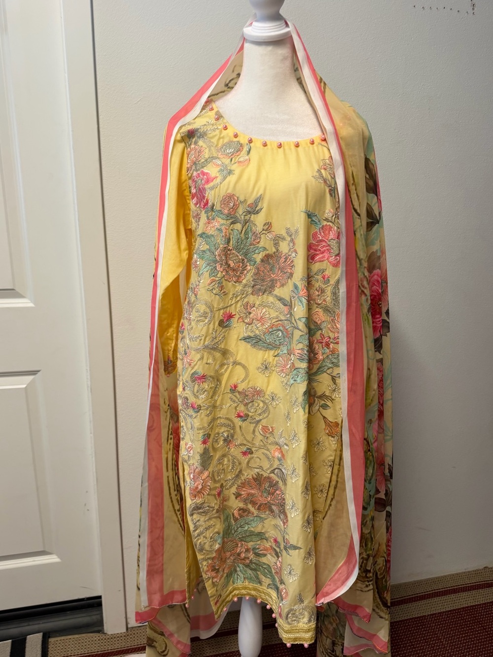 Yellow Floral Embroidered Pakistani 3 Piece Shalwar Kameez Pearl Beaded Suit
